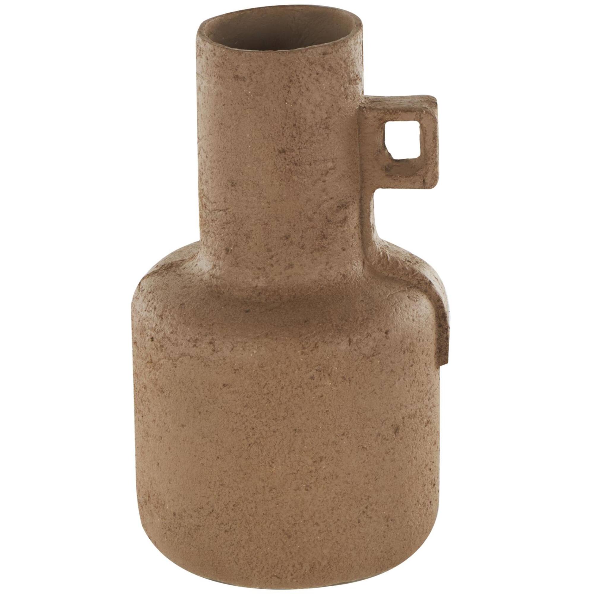 15.5" Brown Paper Mache Abstract Distressed Textured Vase with Geometric Handle